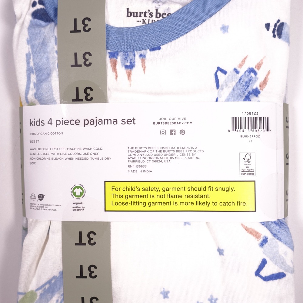 Burts Bees Baby Kids 4 Piece Pajama Set 3T Organic Cotton Space Planets Blue - Picture 4 of 4